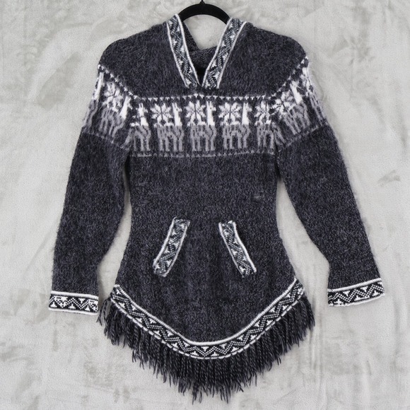 Sweaters - Alpaca Snowflake Hooded Sweater Womens XS Charcoal Gray Fringe Hem Apres Ski